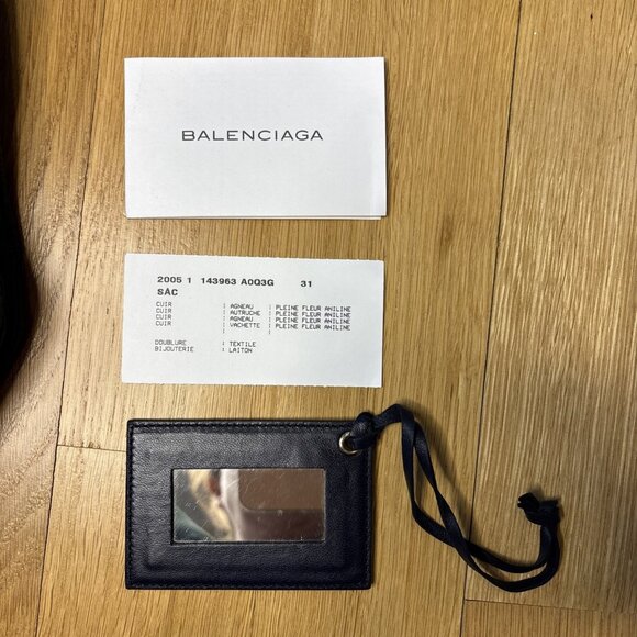 Balenciaga Ostrich Leg Navy Perforated Leather Shoulder Dual Bag Gold Buttons - Picture 6 of 8